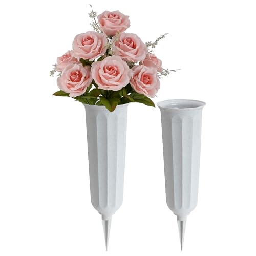 2 Pack Plastic Cemetery Vase with Ground Spike – 9.75" x 3" Outdoor Grave Flower Holder – Granite Memorial Floral Container