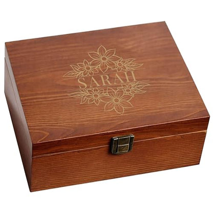 Custom Engraved Wood Keepsake Box, Floral Design & Name, Storage Box