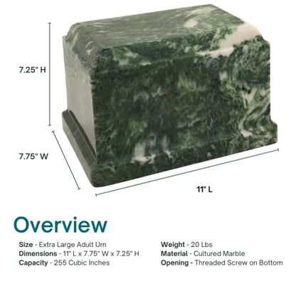 Emerald Olympus Cultured Marble Cremation Urn for Human Ashes, Green, Ground Burial, Home Display and Funeral Memorial - color: Emerald