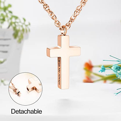 Cremation Cross Necklace for Ashes Stainless Steel Cross Urn Pendant Ashes Holder Memorial Jewelry-With Me Always - style: With me always-Rose Gold