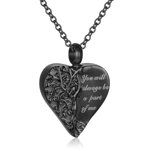 Tree Of Life Urn Necklace For Ashes For Women Girls Mom Stainless Steel Heart Cremation Jewelry For Ashes Of Loved Ones Keepsake Memorial Pendant - color: Black