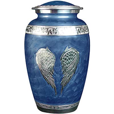 Blue Angel Wings Funeral Cremation Urn with Matching Keepaske, Bag and Personalization (Royal Blue, Large) - color: Royal Blue, size: Large
