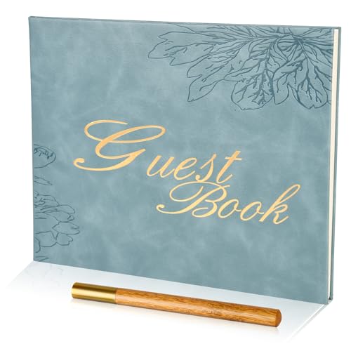 Blue Leather Wedding Guest Book,Guest Book for Vacation Home,Wedding Reception,Funeral,Party,Memorial Service,10.3x8'' Embossed Gold Guestbook,House Visitor Guest Sign in Book with Pen - color: Blue