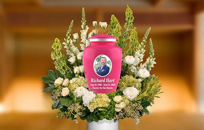 Personalized Photo Cremation Urns for Human Ashes Adult Male Female - 200lbs Custom Photo Burial Urns for Human Ashes - Engraved Handcrafted Funeral Decorative Urns for Adult with Velvet Bag, Pink