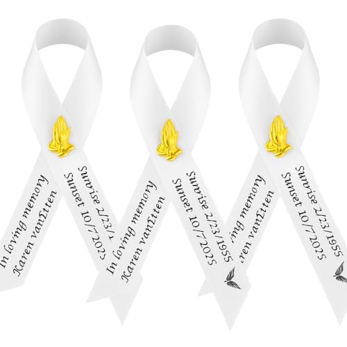 Amy's Bubbling Boutique 20 Personalized Memorial Service Ribbon Pins for Funeral Celebration of Life Name & Dates - Custom Ribbon Made Assembled Awareness