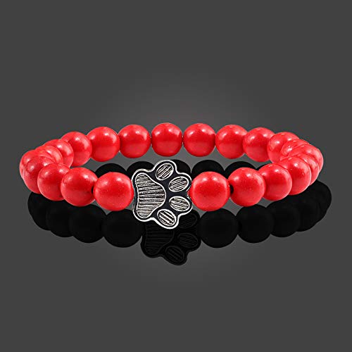 POYAMUSE Lovely Pet Paw Turquoise Beaded Strand Bracelet for Women Men Pet Memorial Jewelry, Cute Dog Cat Paw, Colorful Turquoise Beads - color: Red