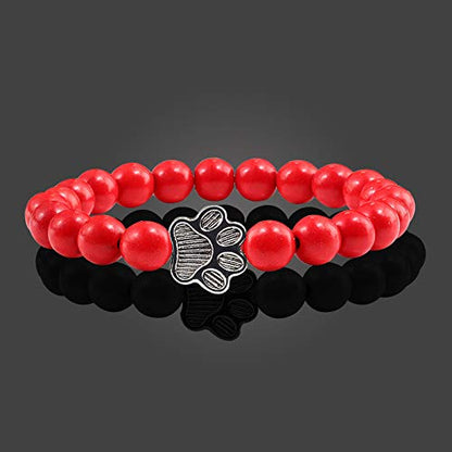 POYAMUSE Lovely Pet Paw Turquoise Beaded Strand Bracelet for Women Men Pet Memorial Jewelry, Cute Dog Cat Paw, Colorful Turquoise Beads - color: Red