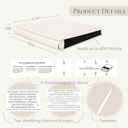 Vienrose Wedding Photo Album 4x6 600 Pockets Photo Window Beige | Cloth Cover, Wedding Crystal Stickers, Tweezers, Acid Free Pages - color: Wedding Theme, size: 600k
