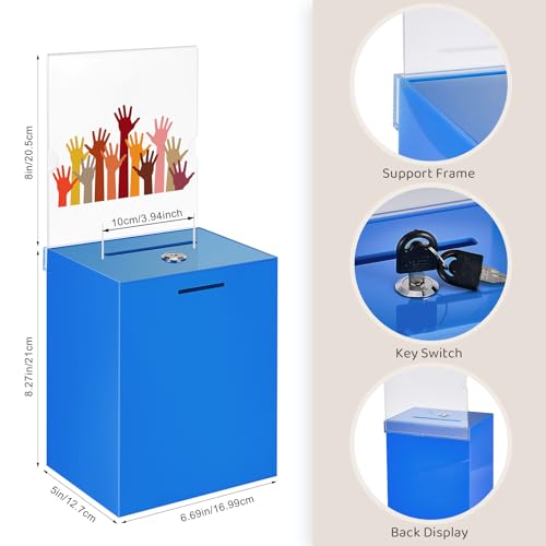Acrylic Suggestion Box 8.2 x 6.7 x 5 Inch Large Donation Box Safe Ballot with Lock and Sign Holder for Voting Charity Business Cards Collection Display Ticket Comment(Blue) - color: Blue, size: 8.2 x 6.7 x 5 Inch