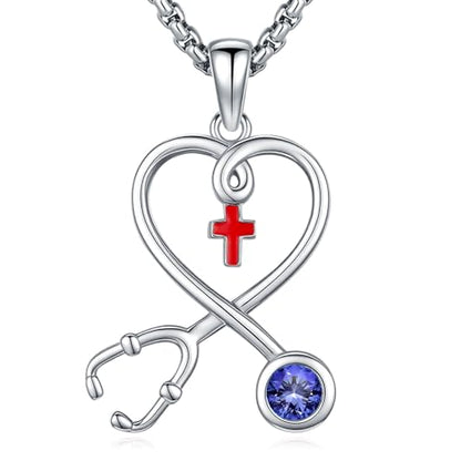 Angel Wings Necklace 925 Sterling Silver Guardian Angel Nurse RN Caduceus Pendant Charm Crystal Angel Jewelry Gifts for Women - style: H-Stethoscope-12-Dec.-Tanzanite