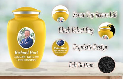 Personalized Photo Cremation Urns for Adult Ashes Male Female - 200lbs Custom Photo Burial Urns for Human Ashes - Engraved Handcrafted Funeral Decorative Urns for Adult with Velvet Bag, Yellow