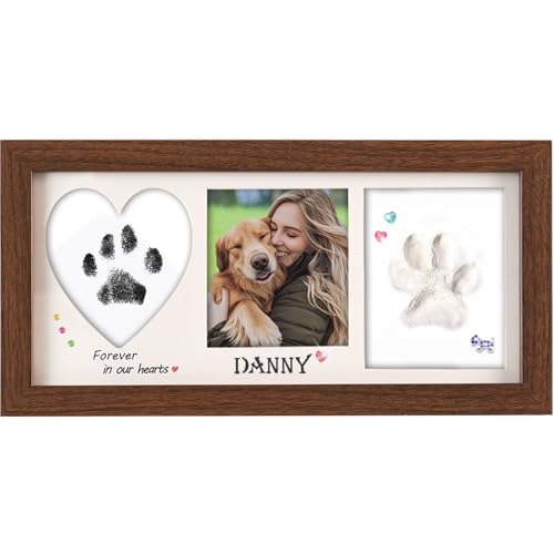 Pet Paw Print Frame Kit with Inkless Pad & Air-Dry Clay, Wooden Memorial Keepsake with Shatterproof Plexiglass for Dogs & Cats - color: brown