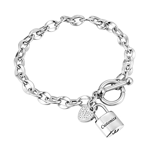abooxiu Lock Urn Bracelet for Ashes - Crystal Heart Cremation Bracelet - Stainless Steel Memorial Ash Holder for Men Women - Silver - style: Engraved-Lock