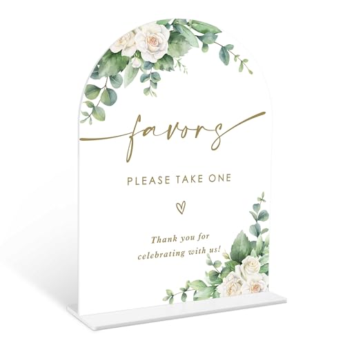Eucalyptus Rose Favors Sign, 6 x 8 Inch White Arch Acrylic Wedding Sign with Holder, Wedding Sign for Ceremony and Reception, Wedding Decoration, Wedding Supplies - AM26 - color: Rose Favors, size: Eucalyptus 6X8IN