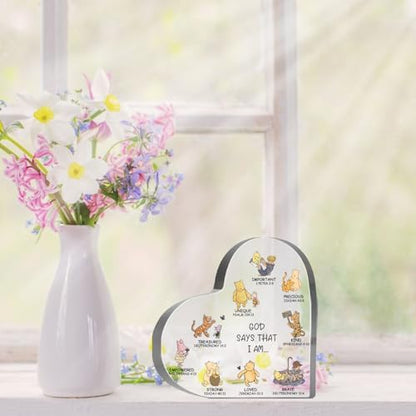 Religious Gifts for Women, Winnie Bible Verse Encouragement Presents for Sister Mom Friend, Christian Home Office Desk Winnie Decor, God Says Inspirational Acrylic Hearts Plaques - style: Winnie 002