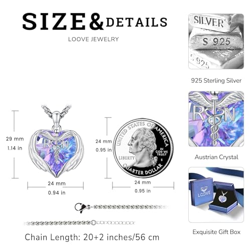 Angel Wings Necklace 925 Sterling Silver Guardian Angel Nurse RN Caduceus Pendant Charm Crystal Angel Jewelry Gifts for Women - style: G-Angel Wings-Nurse-RN-Purple