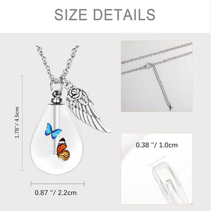 Teardrop Urn Necklace for Ashes, Resin Memorial Pendant with Keepsake | Teardrop Shape, Clear Resin Design, Nature Inspired Artwork, Screw Closure, Holds Ashes, Filling Kit & Box Included - color: Butterflies