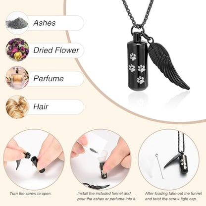 Cylinder Cremation Jewelry Urn Necklace Pet Ashes Pet Paw Memorial Ashes Necklace with Angel Wing for Dog/Cat Keepsake Jewelry for Men Women - color: Black（Small）