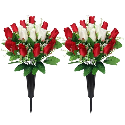 2 Sets Artificial Cemetery Flowers with Vase – Memorial Flowers Bouquet & Heavy-Ground Spike Vases – Fade-Proof, Windproof Grave Memorial Flowers for Cemetery Headstones Decoration (Red white) - color: Red White