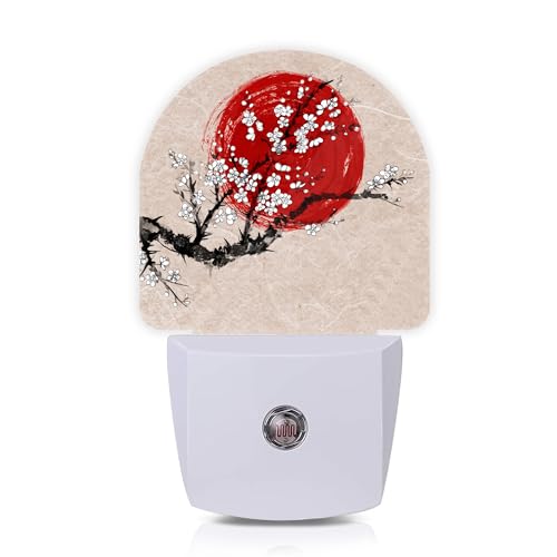 Japanese Cherry Blossom Red Sun Night Lights Plug into Wall for Girls Boys Room,Night Light LED Lamp Dusk to Dawn Sensor Round Lamp for Bedroom Bathroom Hallway Home Wall Decor Nightlight - color: Japanese Cherry Blossom Red Sun