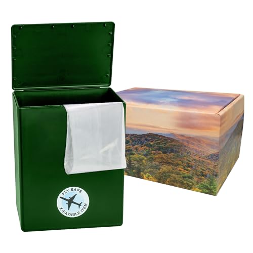 Mountain Themed TSA Approved Fly-Safe and Temporary Travel Cremation Urn Kit for Human Ashes - Airline and Mail Friendly - 200 Cubic Inch Capacity - Green Plastic Urn with Mountains Mailing Box - color: Mountain