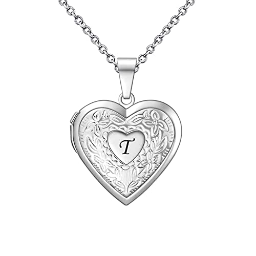 KunBead Women's Heart Photo Locket Necklace with Picture inside Initial A-Z Letter Alphabet Love Jewelry Pendant Necklace - style: T