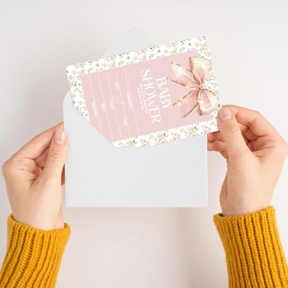 Floral Bow Baby Shower Invitations for Girls, Baby Announcement Invite Cards, 25 Set of Fill-in Baby Shower Invites with Envelopes, Gender Reveal Party Supplies -B01 - color: Floral Bow
