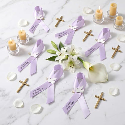 Geosar 100 Pcs Dove Funeral Memorial Ribbons Pins Memorial Service Respect Funeral Personalized Ribbon Bow with Safety Pins and White Dove for Mourning Mental Health Awareness Month Gifts(Lavender) - color: Lavender, style: Pigeon