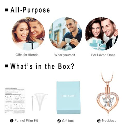 Imrsanl Butterfly Heart Pendant Cremation Urn Necklace for Women - color: Rose Gold-White