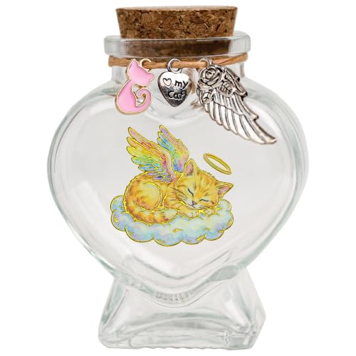 Cat Memorial Gifts for Loss of Cat, Cat Fur Keepsake, Glass Jar for Hair | Heart-shaped glass urn with cork stopper, metal charm & name tag, for pet fur/hair/whiskers/ashes, shelf display - color: My Cat