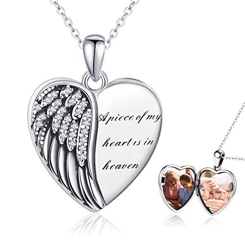 CHENGHONG Heart Pendant Locket Necklace 925 Sterling Silver Personalized Locket Necklace That Holds Pictures Photo Memorial Memory Jewelry Gifts for Women - style: Angel Wings