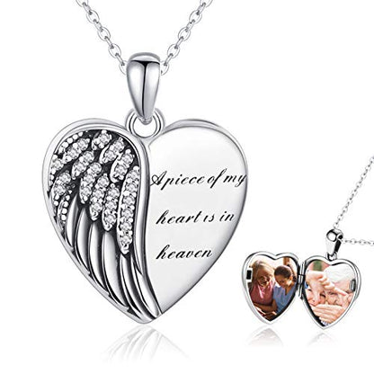 CHENGHONG Heart Pendant Locket Necklace 925 Sterling Silver Personalized Locket Necklace That Holds Pictures Photo Memorial Memory Jewelry Gifts for Women - style: Angel Wings
