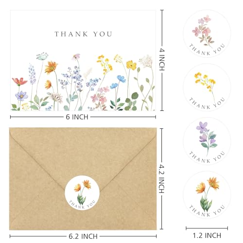 100 Pack Floral Thank You Cards with Envelopes, Watercolor Wildflower Thank You Notes with Kraft Envelopes Sticker for Birthday Wedding Baby Shower Bridal Shower Teachers Graduation, 4 x 6 Inch - color: 100pcs
