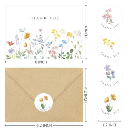 100 Pack Floral Thank You Cards with Envelopes, Watercolor Wildflower Thank You Notes with Kraft Envelopes Sticker for Birthday Wedding Baby Shower Bridal Shower Teachers Graduation, 4 x 6 Inch - color: 100pcs