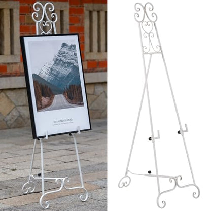 Heavy Duty Easel Stand for Wedding Sign, Adjustable Metal Display Easel | Durable metal, Scroll Design, Holds 56lbs, Adjustable Heightangle, Foldable Flat for Storage, White Matte Finish, No Assembly - style: Scroll-White