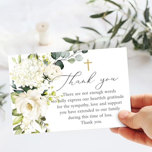 Whaline 48Pcs Funeral Thank You Cards Floral Sympathy Thank You Card with Stickers Envelopes White Flower Bereavement Card for Memorial Service Loved Ones Celebration of Life