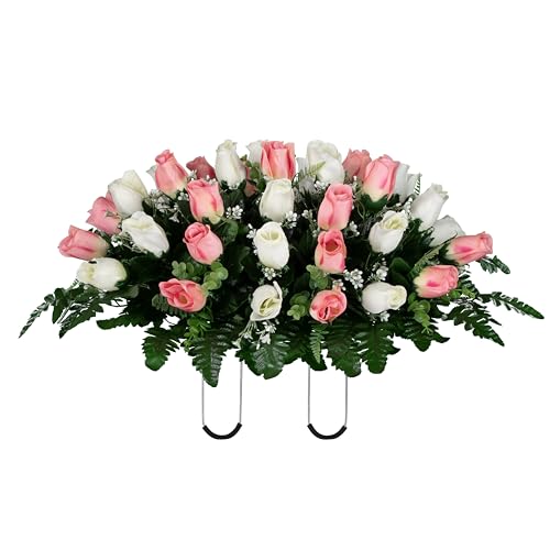 30" Headstone Flower Saddle Artificial Cemetery Flowers - Gravesite Flowers - Cream Pink Roses - color: Cream and White Roses, size: (1) Saddle