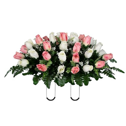 30" Headstone Flower Saddle Artificial Cemetery Flowers - Gravesite Flowers - Cream Pink Roses - color: Cream and White Roses, size: (1) Saddle