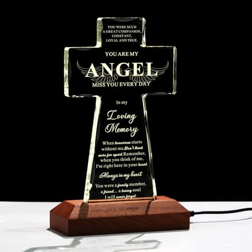 Bluebook Sympathy Gifts for Loss of Loved One - Angel Religious Crystal Cross 4.7x7.9 Inch,Memorial Gifts for Loss of Mom Dad,Condolences Bereavement Remembrance Gift in Memory of Pet Dog Cat - style: LED Glass Cross-Angel Lights