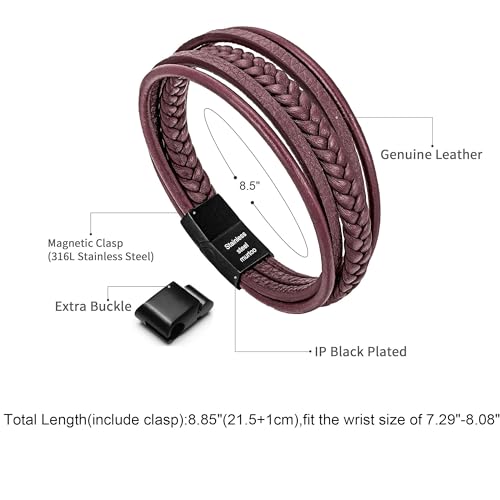 Mens Leather Bracelet with Clasp Cowhide Multi-Layer Braided Leather Mens Bracelet - style: Wine Red&Black Clasp 8.5