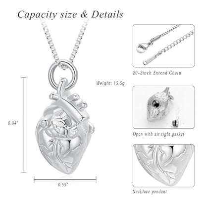 XSMZB Heart Cremation Jewelry Ashes Pendant for Human Pet Funeral Urn Necklace for Ashes Women Men Memorial Urn Jewelry - color: Silver