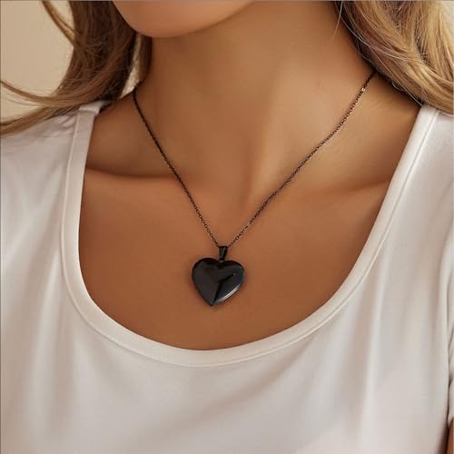 PHOCKSIN Personalized Locket Necklace for Women Photo Necklace with Customized Picture Birth Flower Birthstone Customizable Birthday Gifts - color: #05 Heart Black