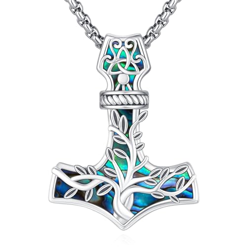 Sterling Silver Tree of Life Necklace for Women Oval Family Tree Necklace Abalone Shell Moonstone Pendant Mother Day Necklace for Mom Tree of Life Jewelry - style: Tree of Life-Thor hammer-Abalone Shell