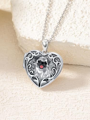Personalized Heart Locket Necklace That Holds Pictures 925 Sterling Silver Custom Photo Lockets Necklaces Jewelry Gifts for Family Women Lover - color: Pug, style: Locket Only