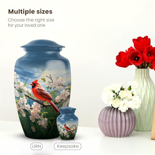 YATSKIA Cherry Blossoms Red Cardinal Bird Urns for Human Ashes Adult Man, Urn for Ashes for Women, Cremation Burial Urns, (Large Urn, 10 Inch)