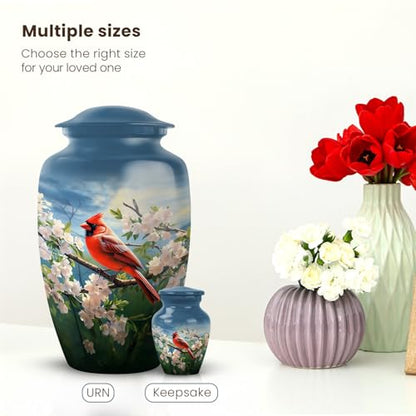 YATSKIA Cherry Blossoms Red Cardinal Bird Urns for Human Ashes Adult Man, Urn for Ashes for Women, Cremation Burial Urns, (Large Urn, 10 Inch)