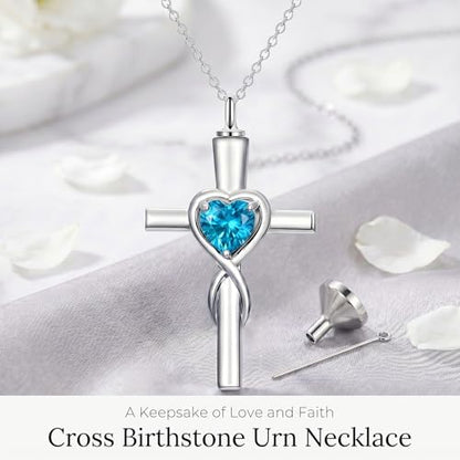 YYB Urn Necklace for Ashes Women Heart Birthstone Cross Cremation Jewelry | Memorial Keepsake Funeral Jewelry for Loved Ones (with Funnel Filler) - color: 12-Dec-Topaz