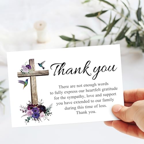 FYSUIMU 50Pcs Funeral Thank You Cards Boxed Purple Floral Cross Sympathy Thank You Cards with Sticker Envelope Bereavement Card for Memorial Service Loved Ones Celebration of Life - style: Purple Floral