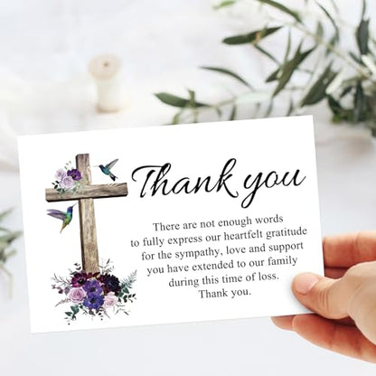 FYSUIMU 50Pcs Funeral Thank You Cards Boxed Purple Floral Cross Sympathy Thank You Cards with Sticker Envelope Bereavement Card for Memorial Service Loved Ones Celebration of Life - style: Purple Floral
