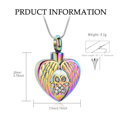Heart Paw Print Urn Necklace for Ashes for Pet Stainless Steel Pendant - color: Colorful